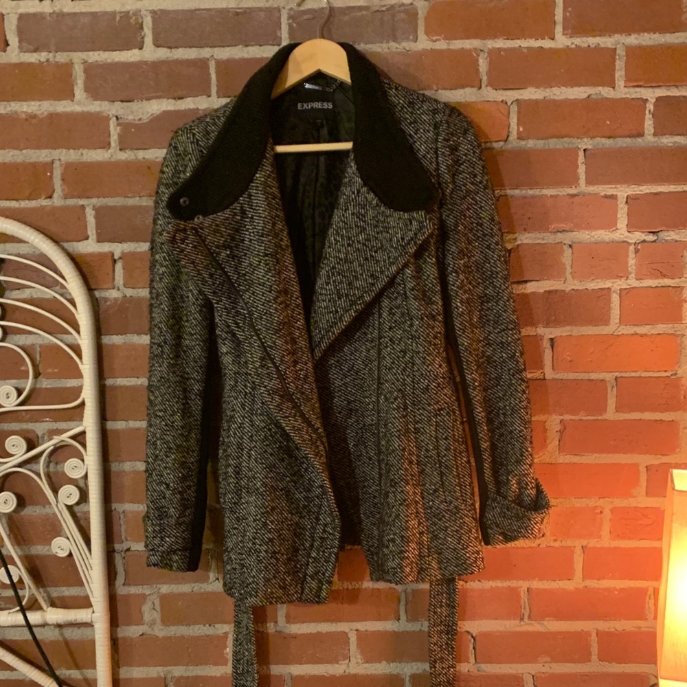 Express Gray Tweed belted Jacket with Black Collar